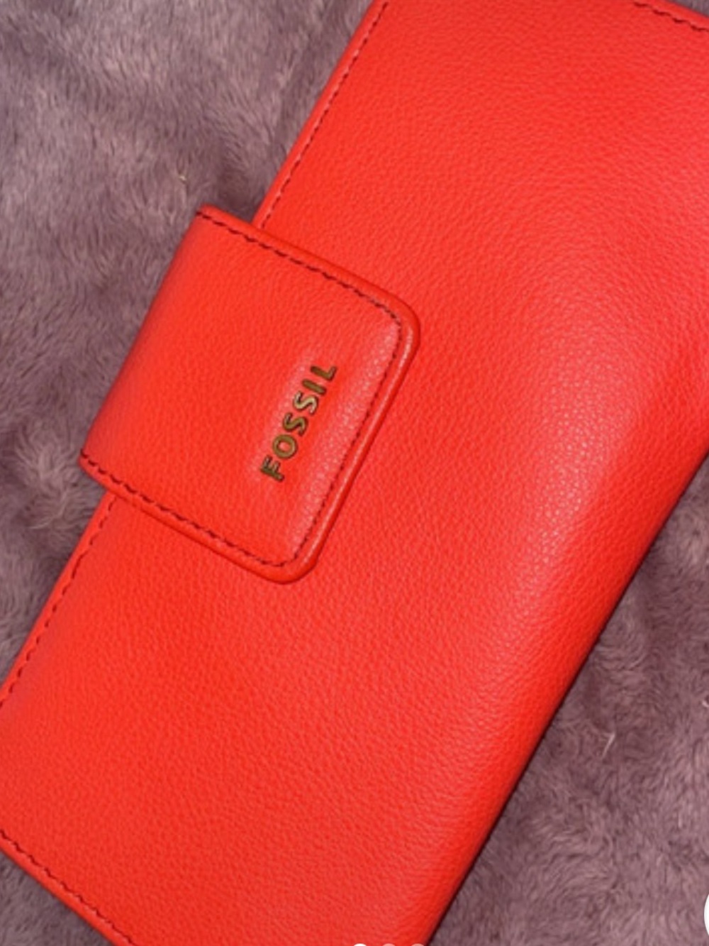 “New” Fossil Madison Tab Clutch Bright Coral Red Leather Wallet. 7 3/4” X 3 3/4”